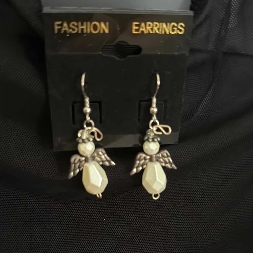 Angel Wing Silver and White Earrings